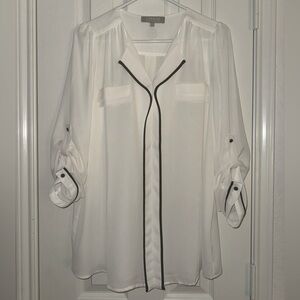 🤍💫 White Flowy Blouse with Black Accents